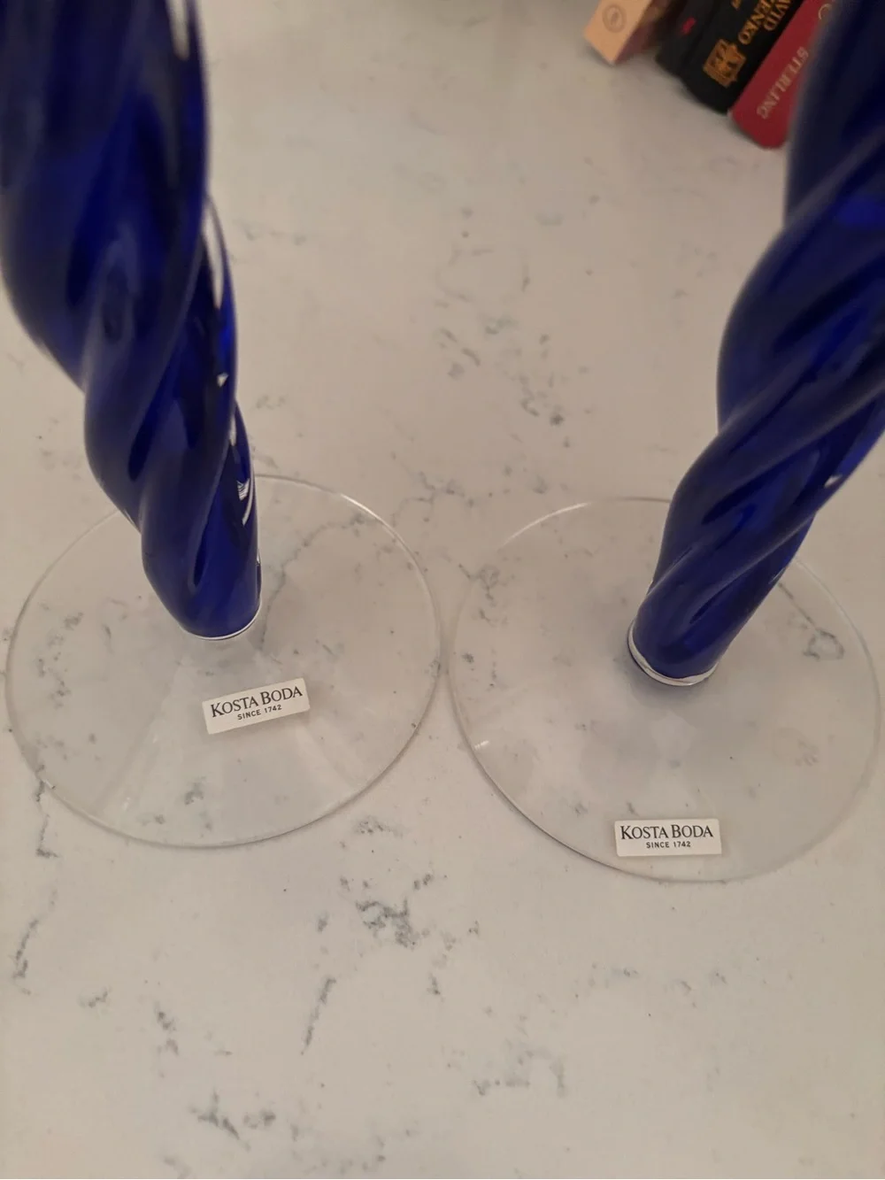 Kosta Boda Cobalt Blue Twisted Glass Candlesticks Pair